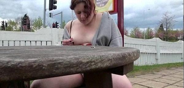  Upskirt and voyeur of English redhead amateur in public